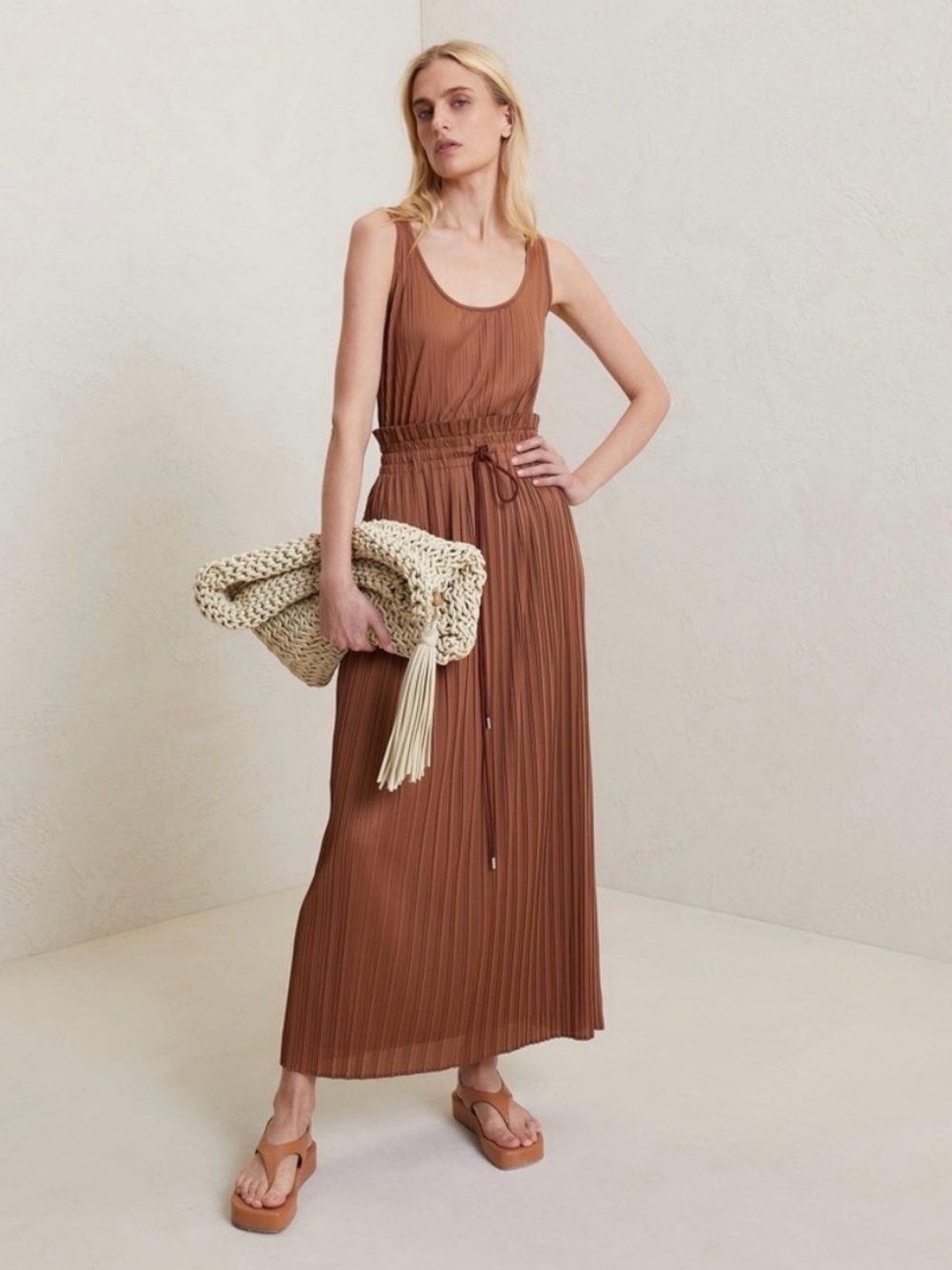A.L.C. Brown Pleated Sleeveless Maxi Dress